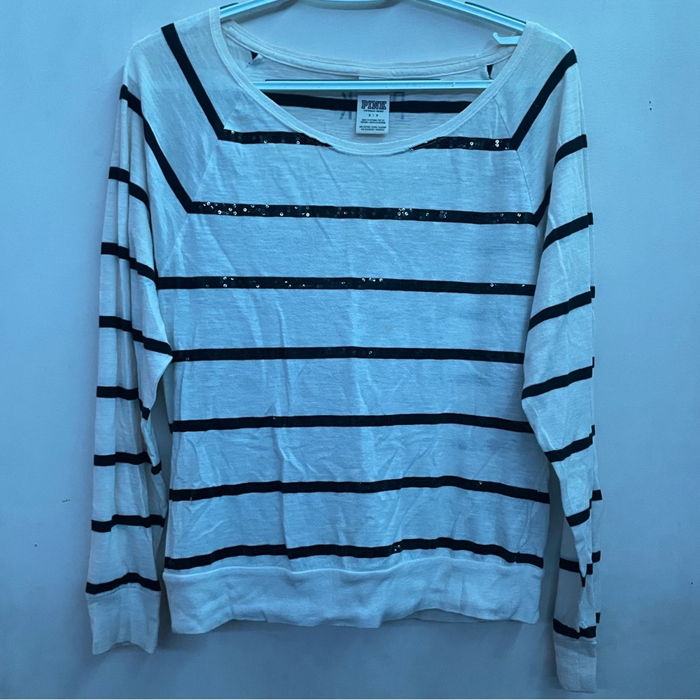 VS PINK Sequin Striped Long Sleeve Top
